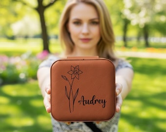 Estuche de joyería personalizado, regalos para damas de honor de boda, caja de joyería de viaje, regalo para damas de honor, regalo para la fiesta nupcial, organizador de joyas de flores de nacimiento