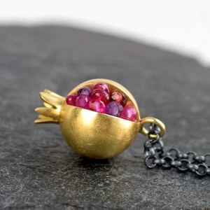 Pomegranate Pendant 18k gold gemstone necklace Artisan Handmade Necklace Tiny Pomegranate Gold Necklace gold pomegranate jewelry image 1