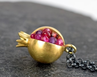 Pomegranate Pendant - 18k gold gemstone necklace - Artisan Handmade Necklace - Tiny Pomegranate Gold Necklace - gold pomegranate jewelry