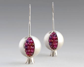Pomegranate Earrings - Ruby Silver Earrings - Garnet Silver Earrings - Pomegranate Silver Earrings - Pomegranate Jewelry - Amethyst Earrings