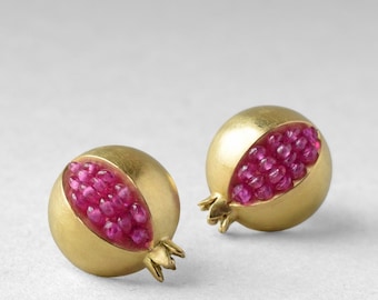 Pomegranate Stud Earrings - 18K Gold Pink Sapphire Ear Studs - Pomegranate Gold Earrings - 18K Post Earrings -  Pomegranate 18K Gold Studs