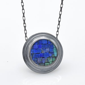 Abstract Blue Green Statement Necklace Mosaic Lapis Lazuli Azurite Turquoise Oxidized Silver Necklace Small Blue Green Silver Necklace image 1