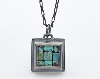 Turquoise Mosaic Necklace | Rustic Blue Green Silver Necklace | Turquoise Oxidized Silver Mosaic Necklace