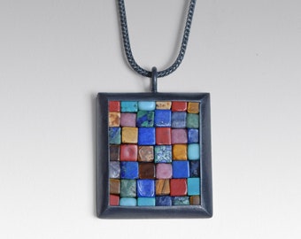 Multicolor Mosaic Silver Necklace - Lapis Lazuli Turquoise Red Jasper Tiger Eye Azurite Mosaic Oxidized Silver Pendant Necklace