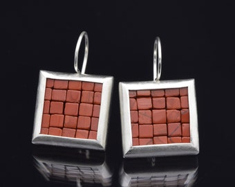 Mosaic Earrings - Red Jasper Matte Brushed Silver Earrings - READY TO SHIP - Square Earrings - Red Mosaic Earrings - Red & Silver Earrings