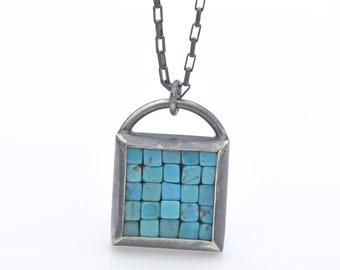 Turquoise Silver Necklace - Rustic Mosaic Necklace - Oxidized Silver Pendant - Blue Green Mosaic Necklace - Handmade Turquoise Necklace