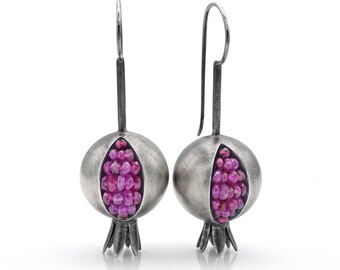 Pomegranate Earrings - Pomegranate Silver Earrings - pomegranate jewelry - Artisan Handmade - pink sapphire earrings