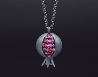 Pomegranate Necklace - Small Pomegranate Pendant - Pomegranate Jewelry - Silver Pomegranate - Minimalist Pendant - Garnet Ruby Necklace