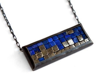 Mosaic Necklace - Lapis Lazuli Pyrite Necklace - READY TO SHIP - Rectangular Pendant - Mosaic Pendant - Mosaic Jewelry - Silver Bar Necklace