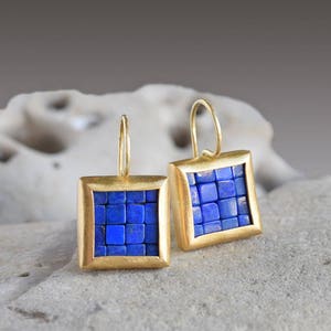 Mosaic Earrings Lapis Lazuli Gold Earrings Square Earrings Gold Lapis Lazuli Earrings Blue And Gold Earrings Everyday Earrings image 2