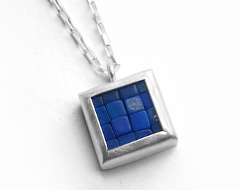 Mosaic Necklace - Lapis Lazuli Silver Necklace - Mosaic Pendant - Square Pendant - blue silver pendant - blue mosaic necklace - artisan made