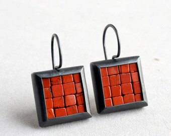 Mosaic Earrings - Red Jasper Oxidized Silver - Red Mosaic Earrings - Square Earrings - Red Black Earrings - Artisan Handmade Earrings