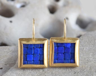 Mosaic Earrings - Lapis Lazuli Gold Earrings - Square Earrings - Gold Lapis Lazuli Earrings - Blue And Gold Earrings - Everyday Earrings