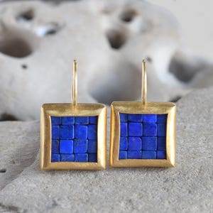 Mosaic Earrings Lapis Lazuli Gold Earrings Square Earrings Gold Lapis Lazuli Earrings Blue And Gold Earrings Everyday Earrings image 1