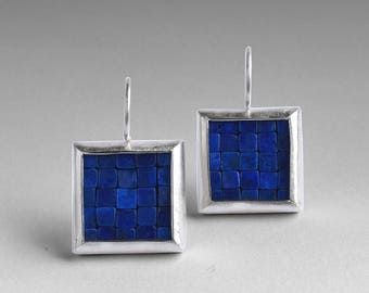 Mosaic Earrings - Lapis Lazuli Silver Earrings - Square Earrings - Blue Gemstone Earrings - Mosaic Jewelry - Statement Earrings - Artesserae