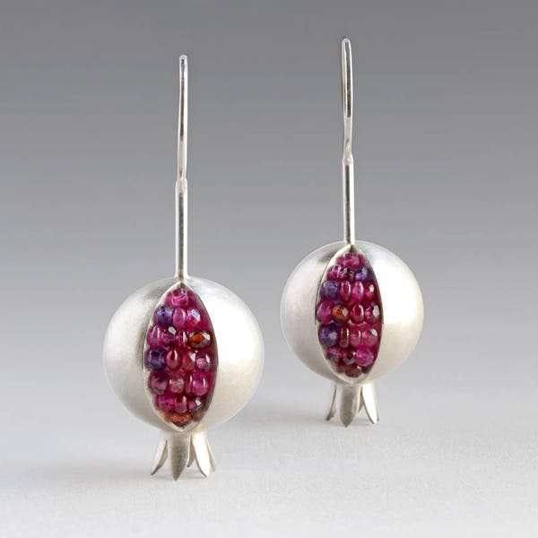 Pomegranate Earrings - Ruby Silver Earrings - Garnet Silver Earrings - Pomegranate Silver Earrings - Pomegranate Jewelry - Amethyst Earrings