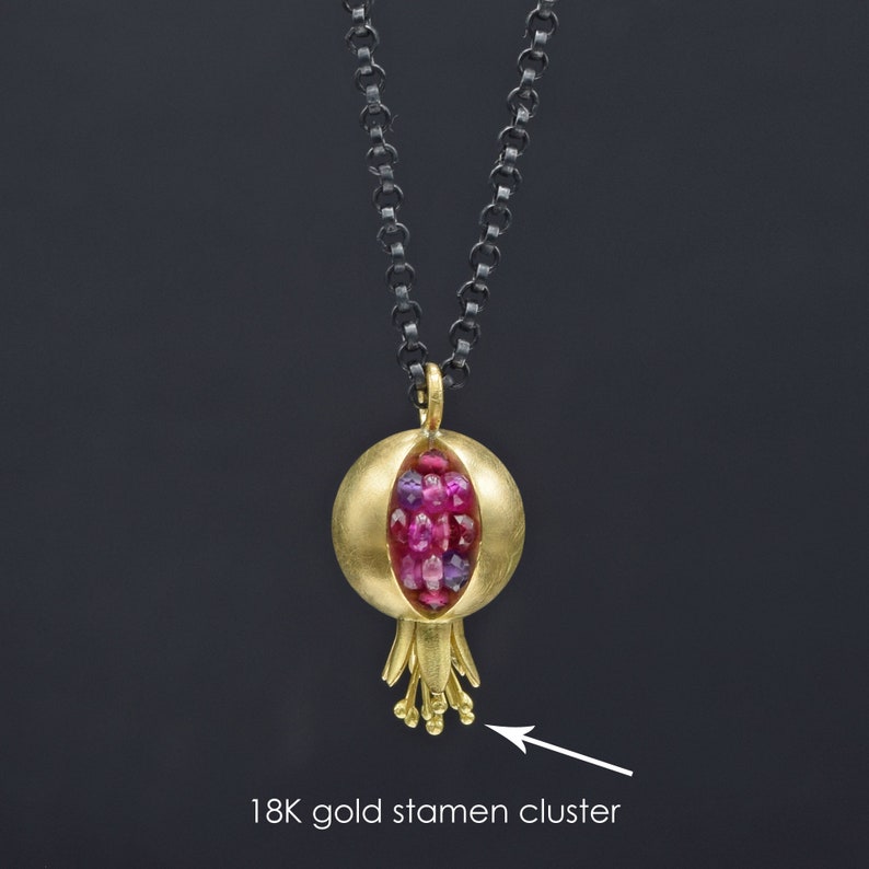 Pomegranate Pendant 18k gold gemstone necklace Artisan Handmade Necklace Tiny Pomegranate Gold Necklace gold pomegranate jewelry 18K stamen cluster