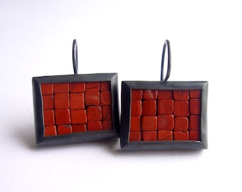 Mosaic Earrings - Red Jasper Oxidized Silver Earrings - Rectangular Earrings - Red Mosaic Earrings - Red Black Earrings - Colorful Earrings