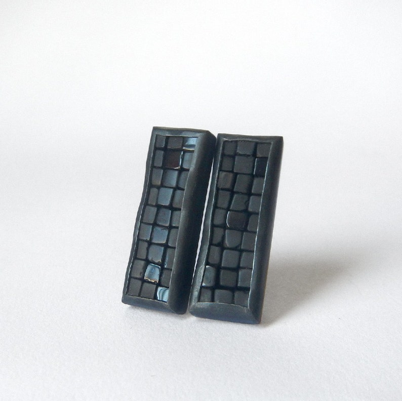 Mosaic Earrings Onyx Silver Earrings Onyx Stud Earrings Rectangular Earrings Gemstone Earrings Long Post Earrings Mosaic Jewelry image 2