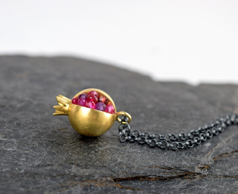 Pomegranate Pendant 18k gold gemstone necklace Artisan Handmade Necklace Tiny Pomegranate Gold Necklace gold pomegranate jewelry image 1