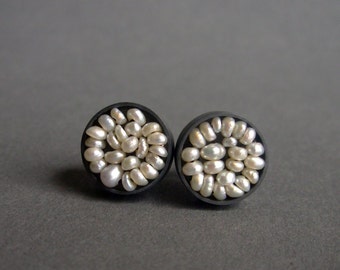 Seed Pod Ear Studs - Seed pearls oxidized sterling silver earrings - Pearl Wedding Earrings - Silver Pearl Ear Studs - pearl ear studs