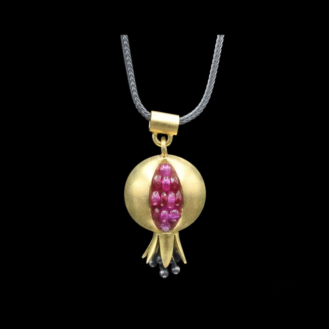 Pomegranate Pendant 18k Gold Gemstone Necklace Artisan Handmade