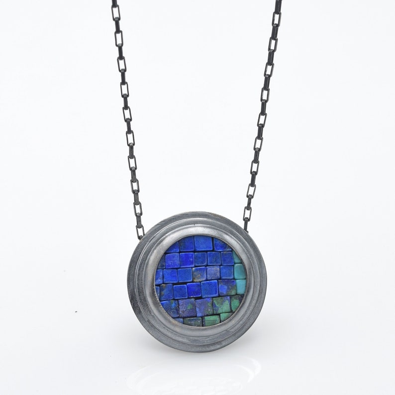 Abstract Blue Green Statement Necklace Mosaic Lapis Lazuli Azurite Turquoise Oxidized Silver Necklace Small Blue Green Silver Necklace image 1