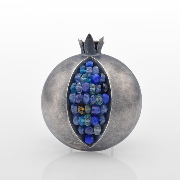 Pomegranate Brooch - Blue Sapphire Pomegranate Silver Brooch - pomegranate jewelry - blue gemstone silver brooch - silver pomegranate pin