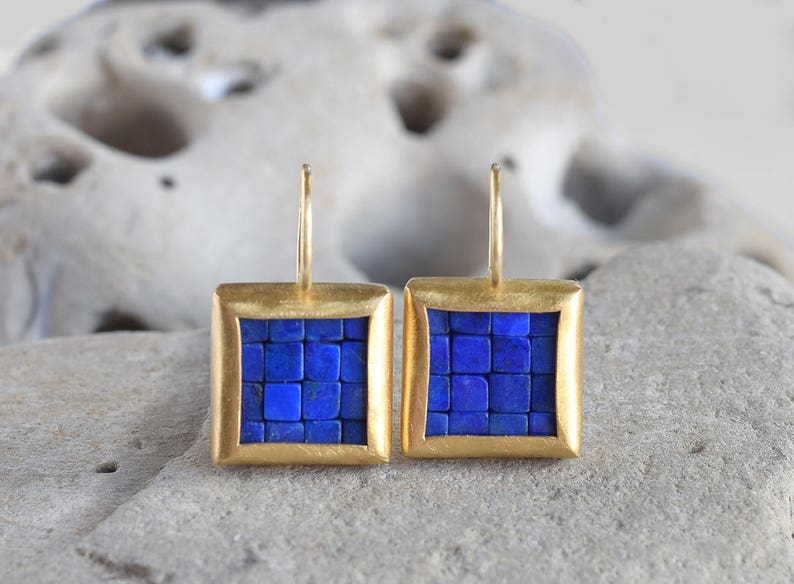 Mosaic Earrings Lapis Lazuli Gold Earrings Square Earrings Gold Lapis Lazuli Earrings Blue And Gold Earrings Everyday Earrings image 1