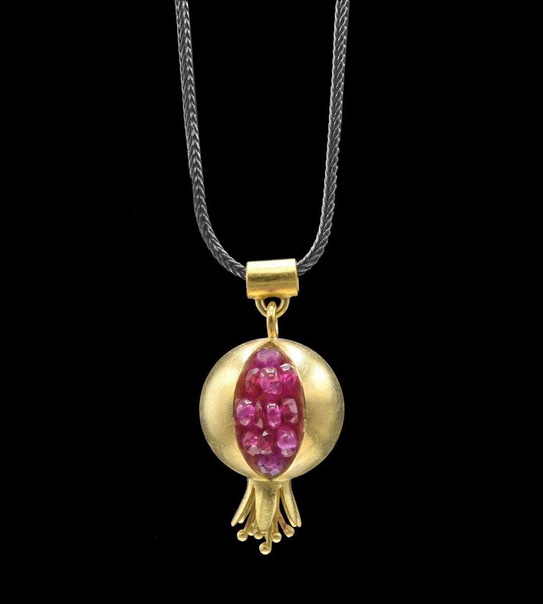 Pomegranate Pendant 18k Gold Gemstone Necklace Artisan Handmade