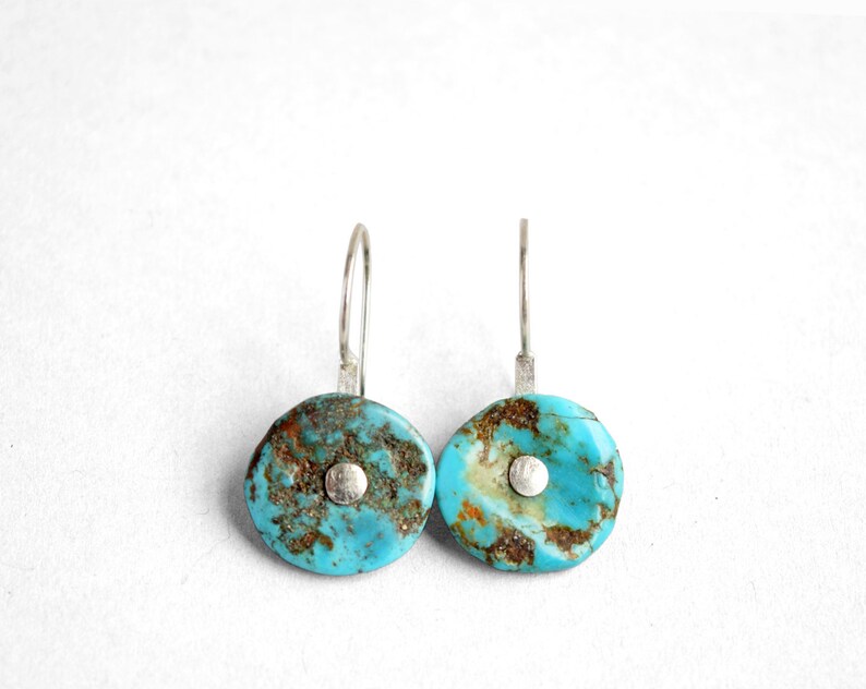 Turquoise Silver Earrings Riveted Turquoise & Oxidized Silver Wire Earrings READY TO SHIP Colorful Everyday Earrings Go To Earrings image 1