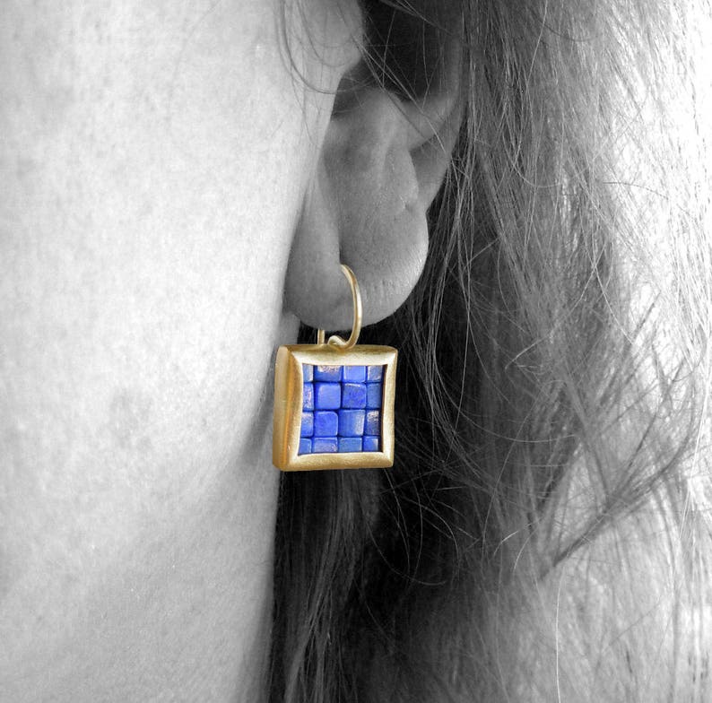 Mosaic Earrings Lapis Lazuli Gold Earrings Square Earrings Gold Lapis Lazuli Earrings Blue And Gold Earrings Everyday Earrings image 5