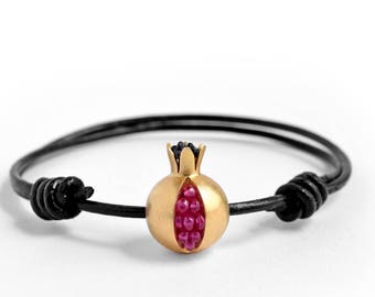 Pomegranate Bracelet - 18K gold pink sapphire bracelet  - Gold & Leather Bracelet - Pomegranate Gold Bracelet - gold pomegranate jewelry