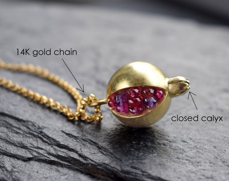 Pomegranate Pendant 18k gold gemstone necklace Artisan Handmade Necklace Tiny Pomegranate Gold Necklace gold pomegranate jewelry image 8