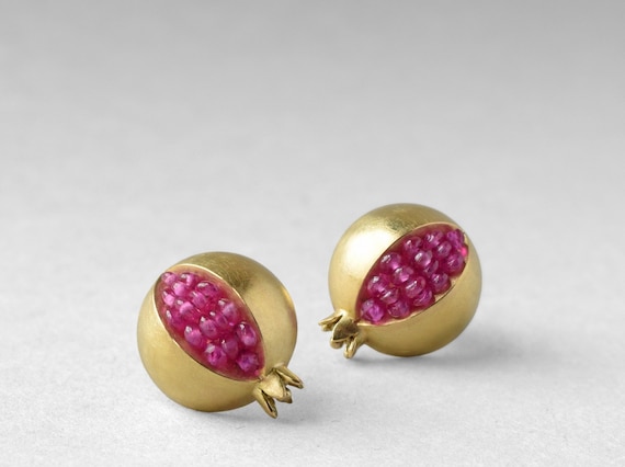 Pomegranate Stud Earrings - 18K Gold Pink Sapphire Ear Studs - Pomegranate Gold Earrings - 18K Post Earrings -  Pomegranate 18K Gold Studs