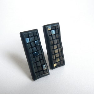 Mosaic Earrings Onyx Silver Earrings Onyx Stud Earrings Rectangular Earrings Gemstone Earrings Long Post Earrings Mosaic Jewelry image 1