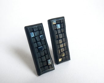 Mosaic Earrings - Onyx Silver Earrings - Onyx Stud Earrings - Rectangular Earrings - Gemstone Earrings - Long Post Earrings - Mosaic Jewelry