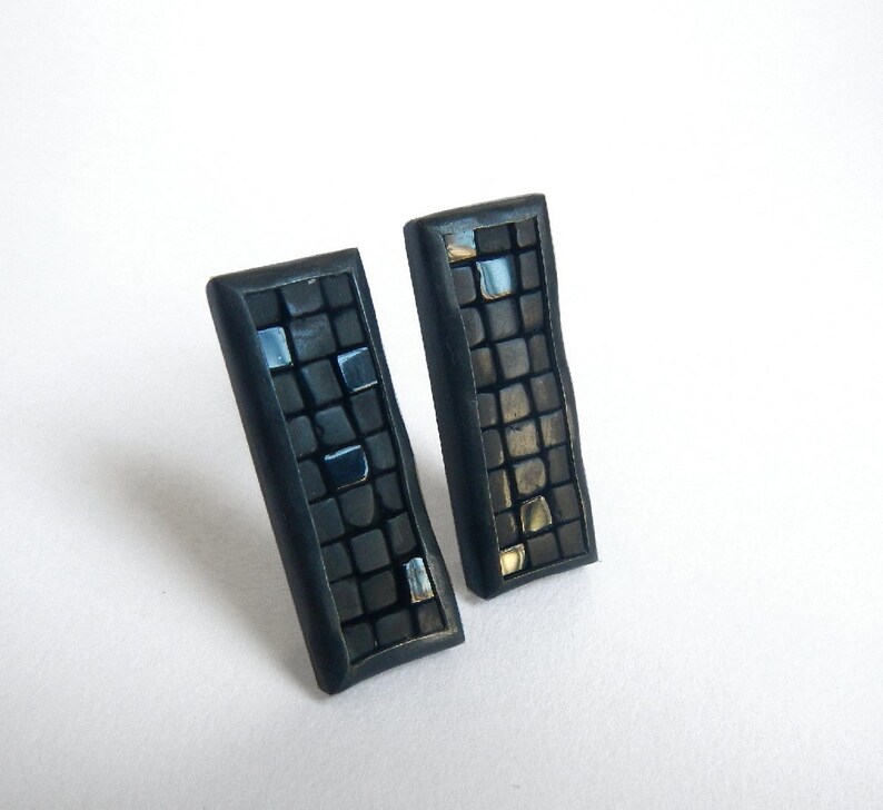 Mosaic Earrings Onyx Silver Earrings Onyx Stud Earrings Rectangular Earrings Gemstone Earrings Long Post Earrings Mosaic Jewelry image 1