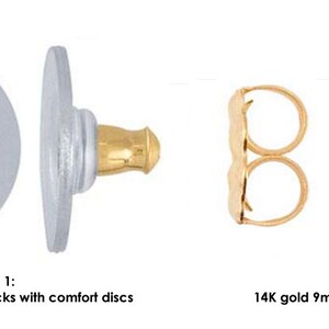 May include: Two options for earring backs are shown. Option 1 features 14K gold 11.4mm ear backs with comfort discs. Option 2 shows 14K gold 9mm classic friction ear nuts. The image displays the backs in detail.