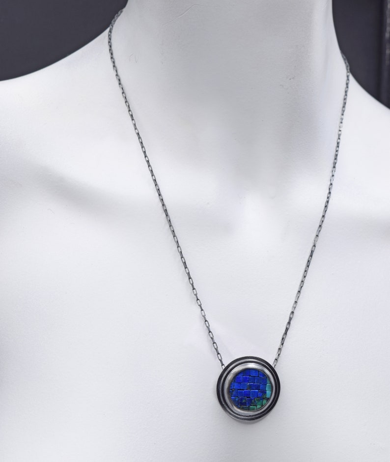 Abstract Blue Green Statement Necklace Mosaic Lapis Lazuli Azurite Turquoise Oxidized Silver Necklace Small Blue Green Silver Necklace image 2