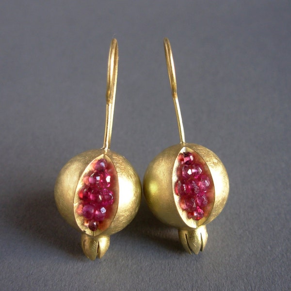 Pomegranate Earrings - 18K Gold Tourmaline Earrings - Artisan Handmade Earrings - Pomegranate Gold Earrings - gold pomegranate jewelry