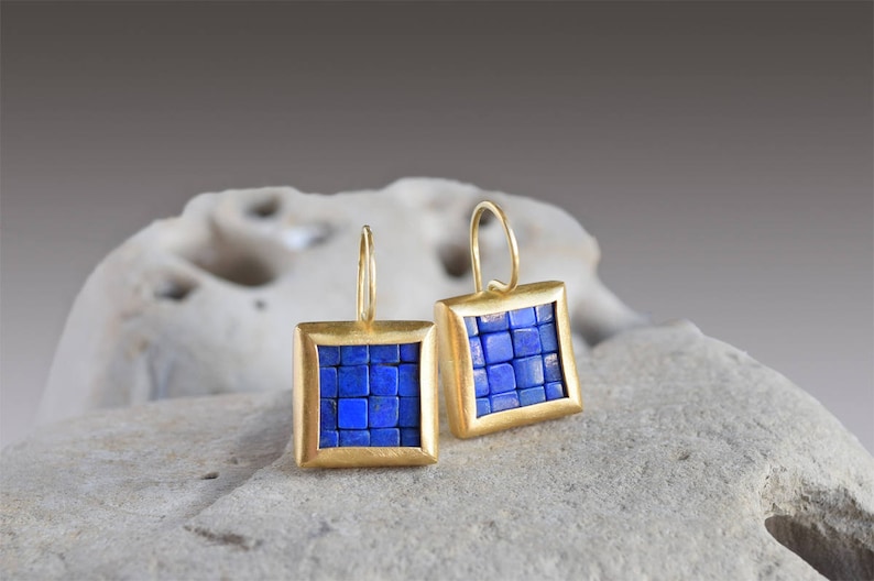 Mosaic Earrings Lapis Lazuli Gold Earrings Square Earrings Gold Lapis Lazuli Earrings Blue And Gold Earrings Everyday Earrings image 2