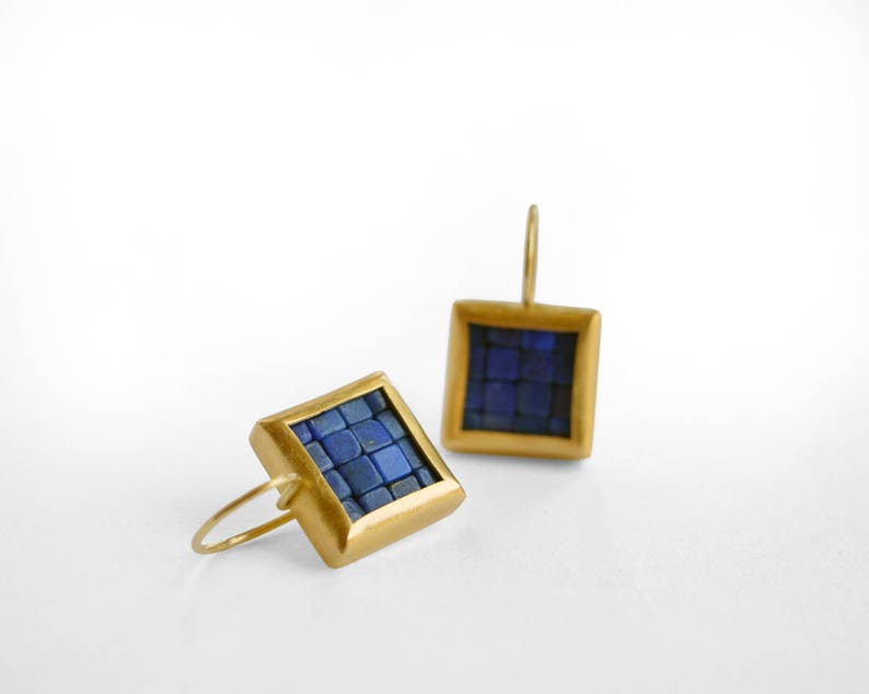 Mosaic Earrings Lapis Lazuli Gold Earrings Square Earrings Gold Lapis Lazuli Earrings Blue And Gold Earrings Everyday Earrings image 3