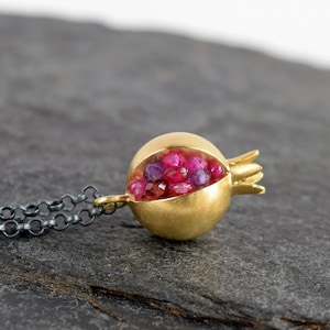 Pomegranate Pendant 18k gold gemstone necklace Artisan Handmade Necklace Tiny Pomegranate Gold Necklace gold pomegranate jewelry image 2