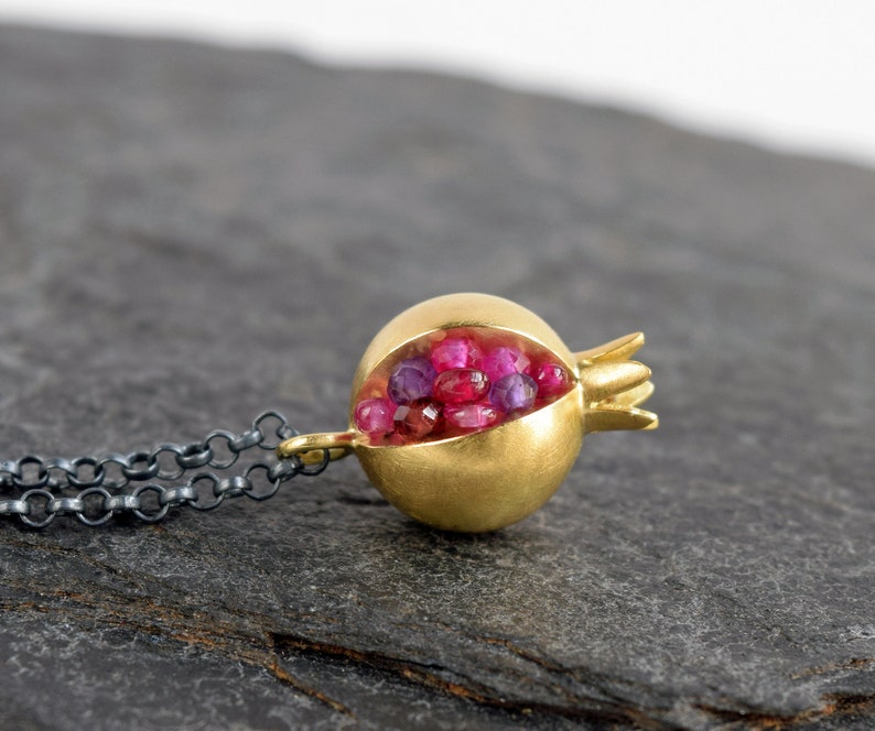 Pomegranate Pendant 18k gold gemstone necklace Artisan Handmade Necklace Tiny Pomegranate Gold Necklace gold pomegranate jewelry image 2