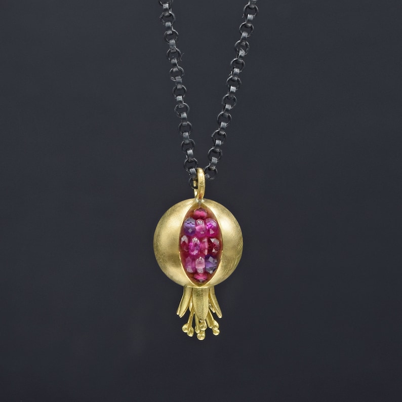 Pomegranate Pendant 18k gold gemstone necklace Artisan Handmade Necklace Tiny Pomegranate Gold Necklace gold pomegranate jewelry image 3