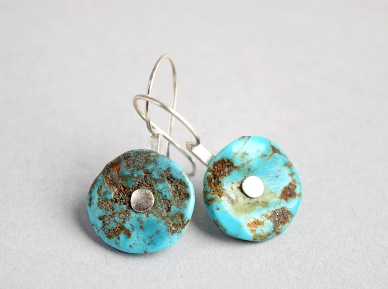 Turquoise Silver Earrings Riveted Turquoise & Oxidized Silver Wire Earrings READY TO SHIP Colorful Everyday Earrings Go To Earrings image 3