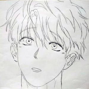 May include: A pencil drawing of a person with short, tousled hair. The person has a serious expression and is looking to the side. The drawing is done in black and white.