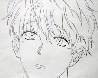 May include: A pencil drawing of a person with short, tousled hair. The person has a serious expression and is looking to the side. The drawing is done in black and white.