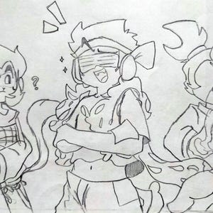 May include: A black and white line drawing of three cartoon characters. The character on the left is wearing a hooded jacket and has a question mark above their head. The character in the center is wearing sunglasses and a shirt with a design on it. The character on the right is wearing a hooded jacket and has a design on their back.